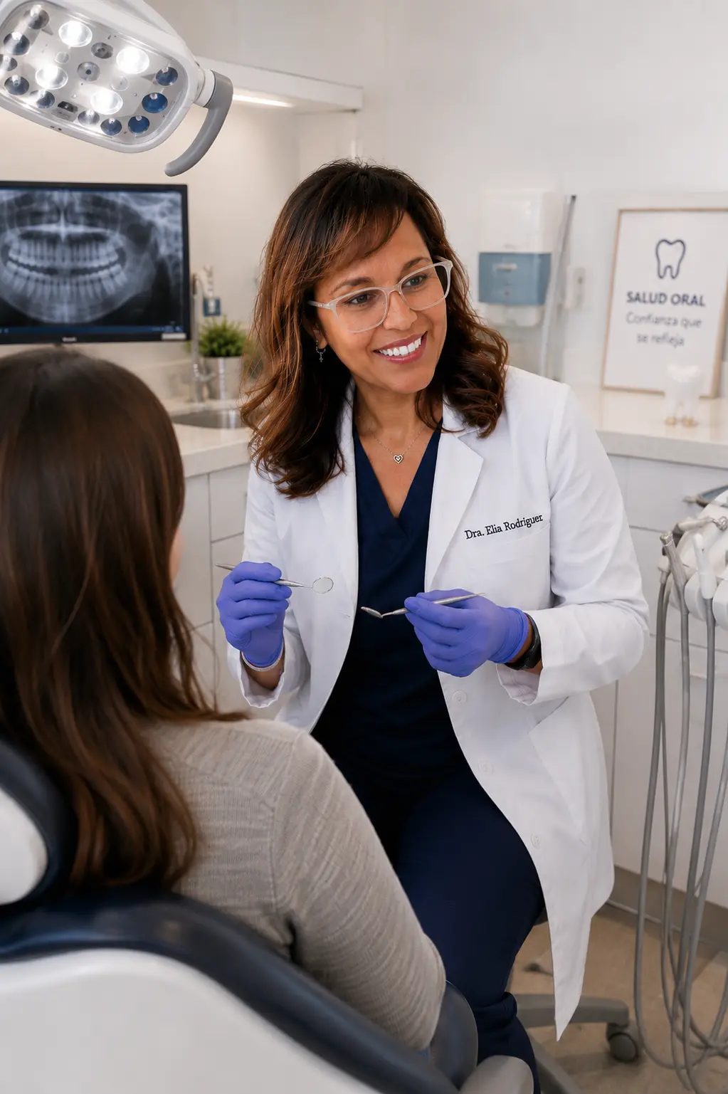 Dra. Elia Rodríguez atendiendo a una paciente en su consulta dental en Sevilla