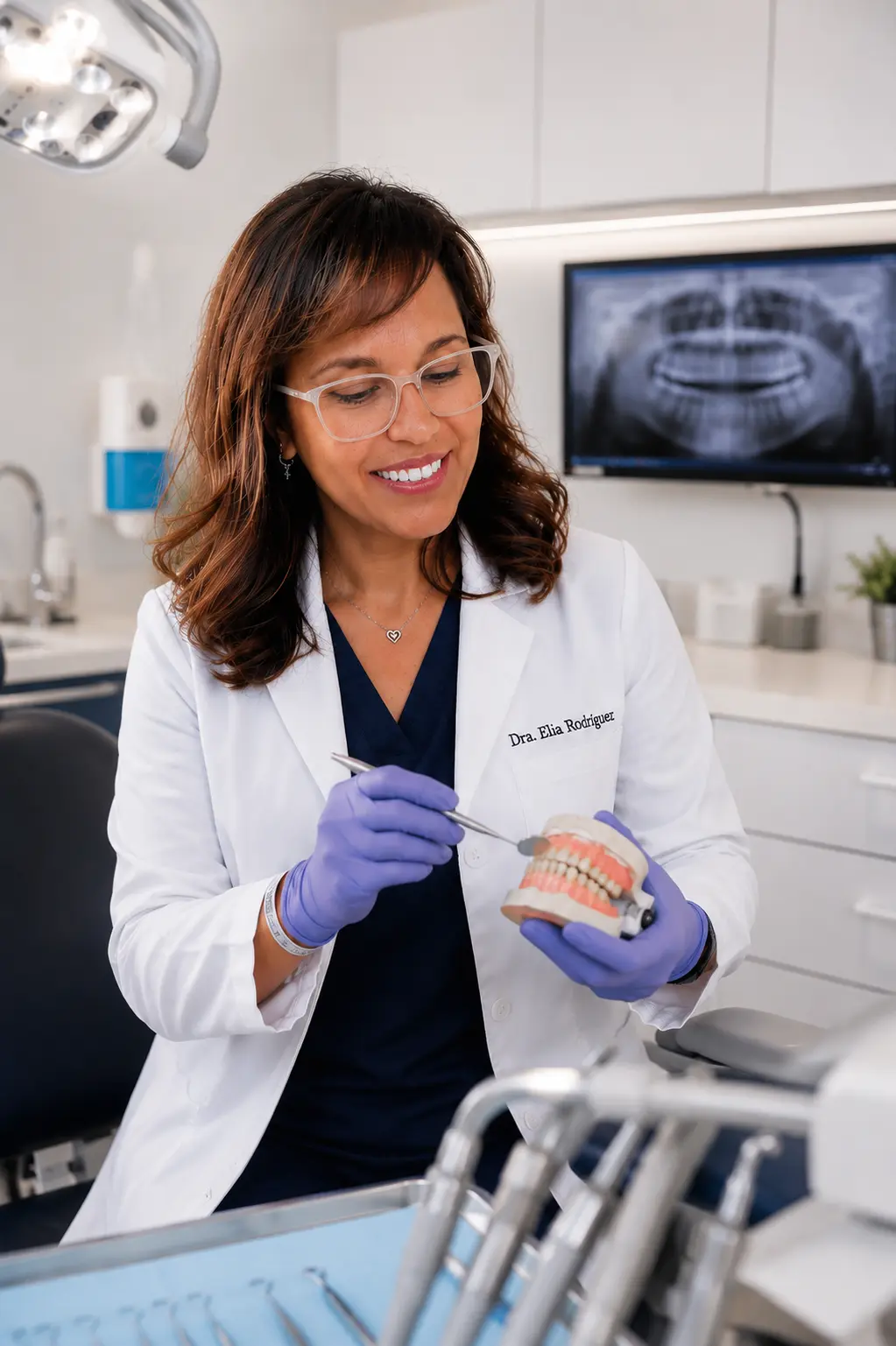 Dra. Elia Rodríguez, perito odontológico en Sevilla, revisando un modelo dental durante el estudio de un caso
